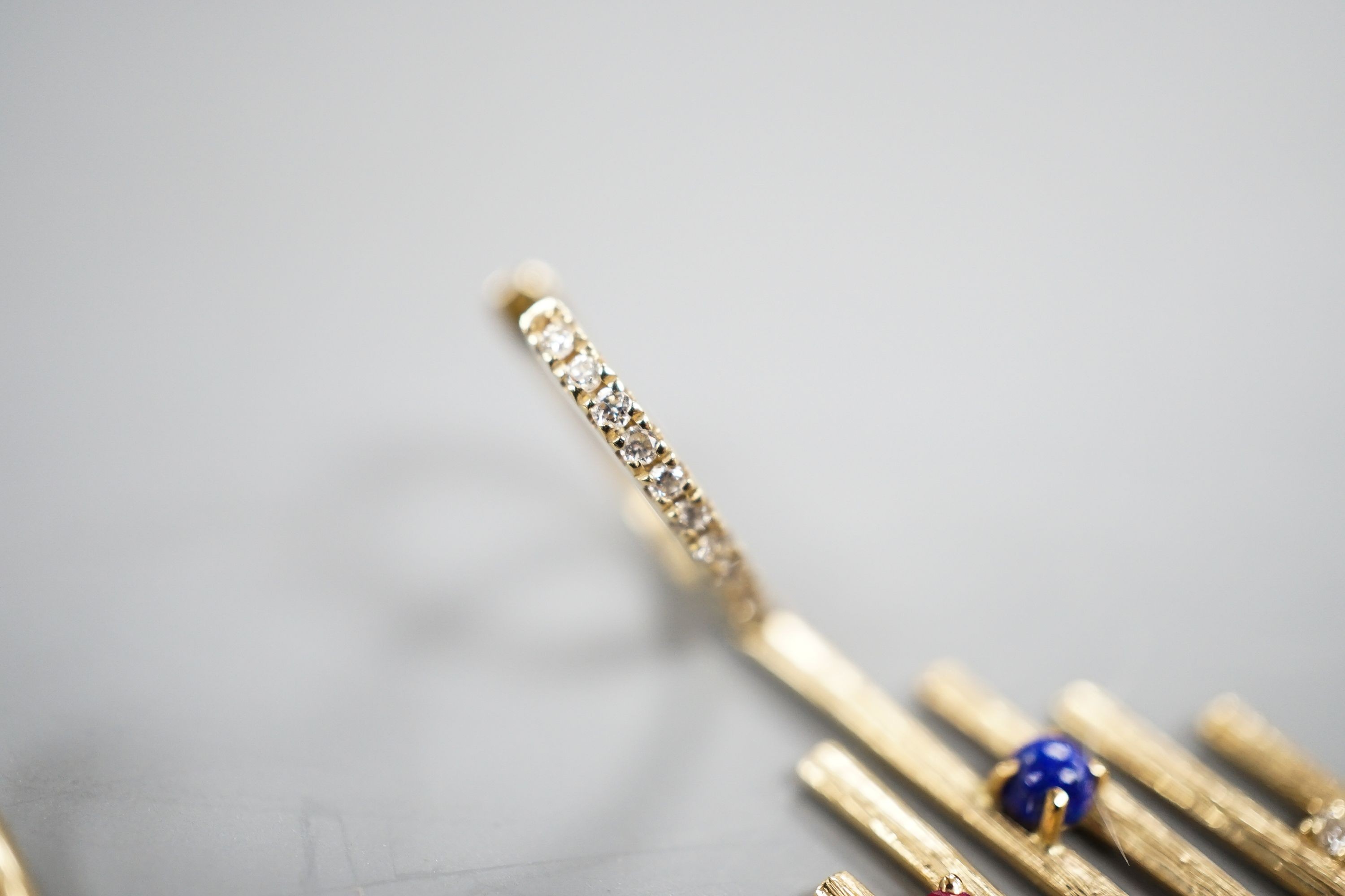 A pair of modern 585 yellow metal, ruby, lapis lazuli and diamond set Dynasty earrings, overall 48mm, gross weight 6.4 grams.